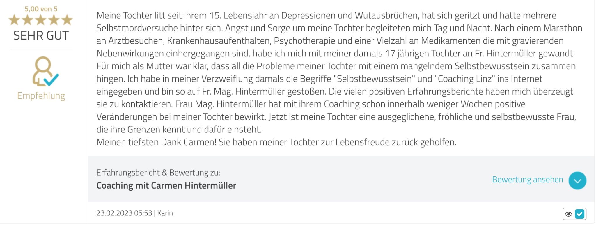 Feedback zum Selbstwert und Selbstbewusstsein Coaching